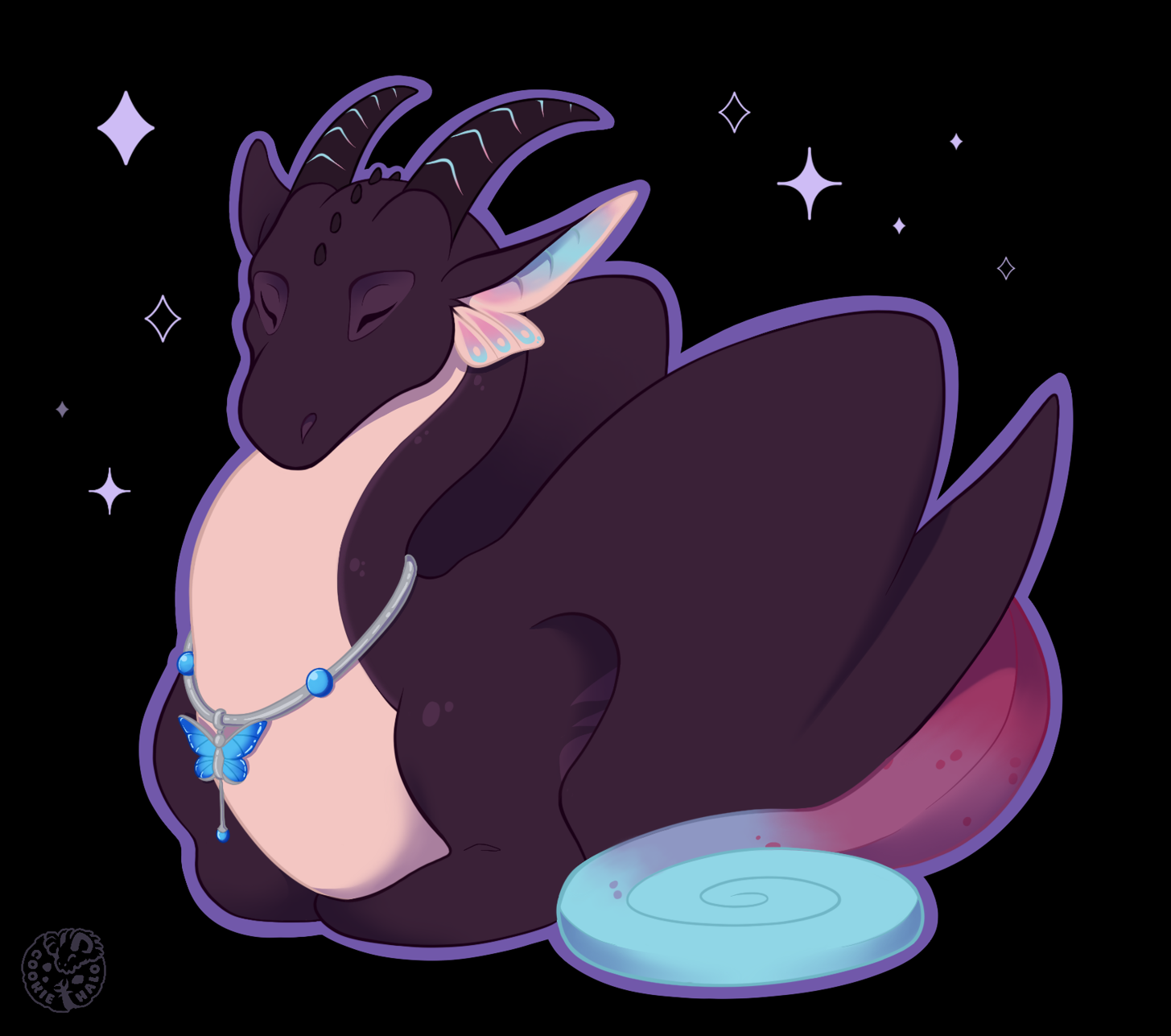 Purple dragon character loafing like a cat
